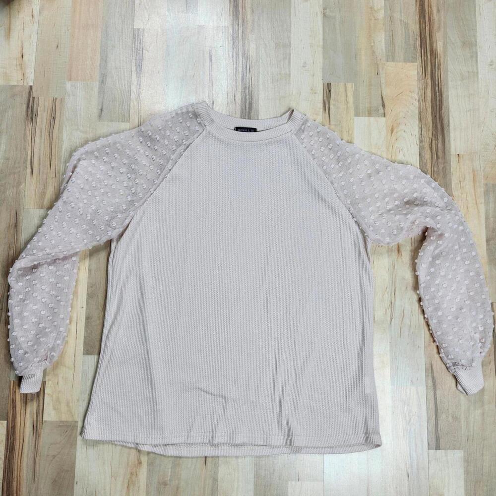 Miholl Women's Beige Long Sleeve Top with Textured Sheer Sleeves